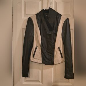 INC International Concepts Black and Cream Faux Leather Moto Jacket XS